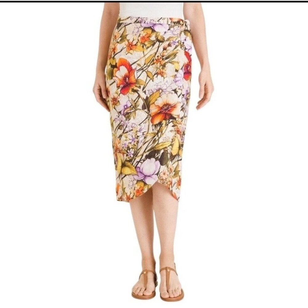 Chicos Skirt Womens Size 3 US 16-18 Linen Floral Wrap Vacation Travel Beach Work
